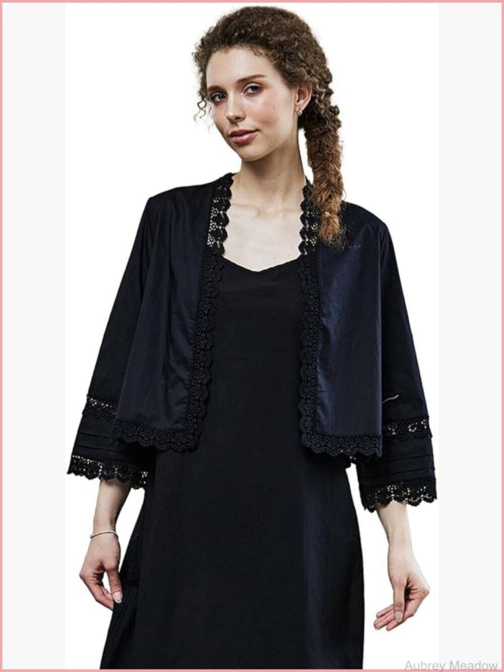 Cotton Cropped Cardigan with Lace 3/4 Sleeve Open Front Bolero Shrug